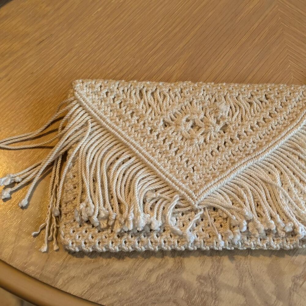 Boho Crochet Fringe Clutch Bag Cream Macrame Festival Wristlet